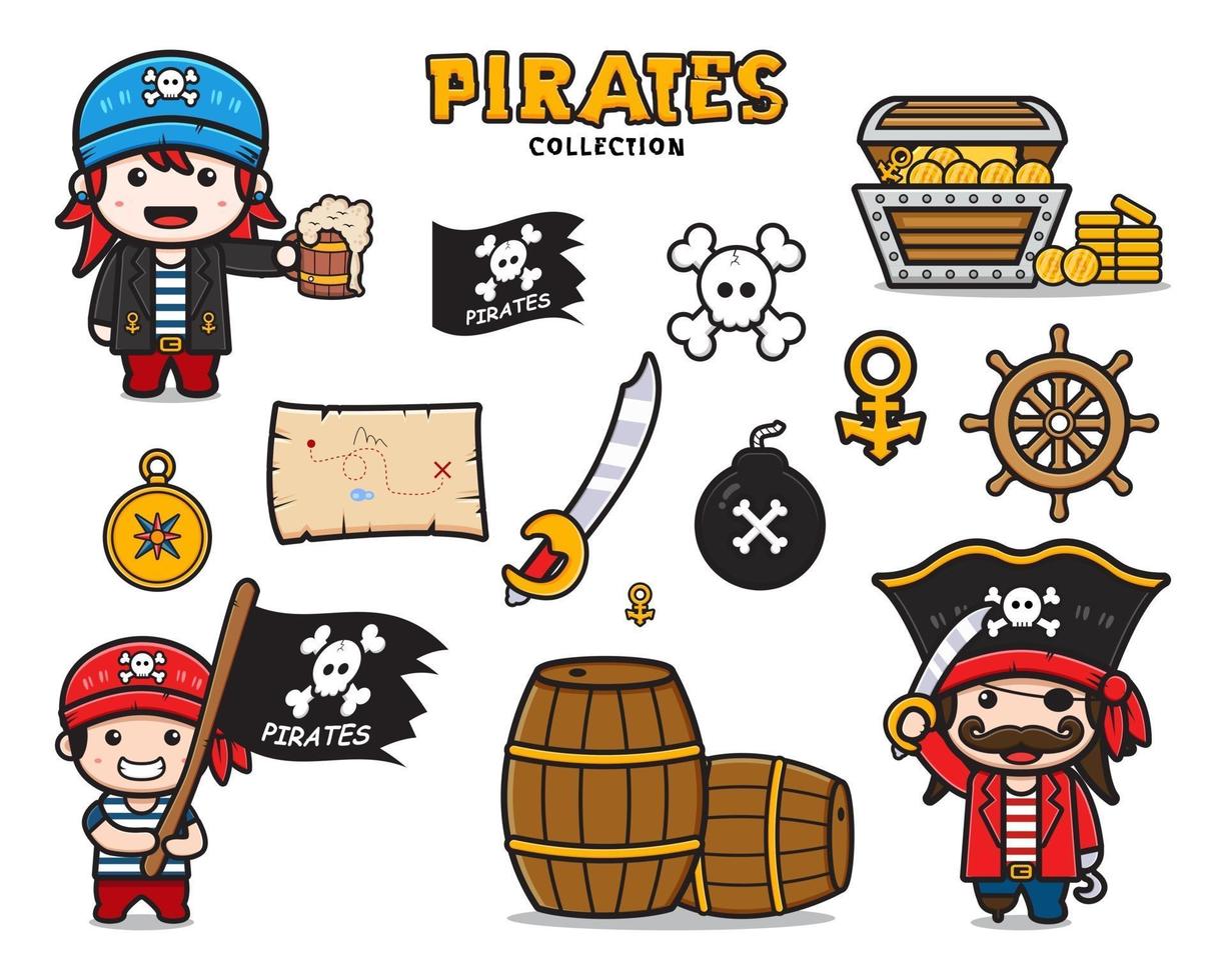 ensemble de collection de pirates mignons et illustration de dessin animé d'équipement vecteur