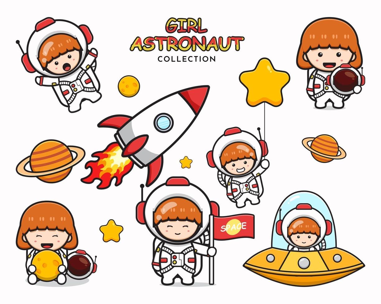 ensemble, collection, de, mignon, girl, astronaute, dessin animé, clip art, illustration vecteur