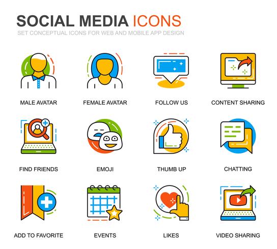 Ensemble de médias sociaux et icônes de ligne de réseau pour le site Web vecteur
