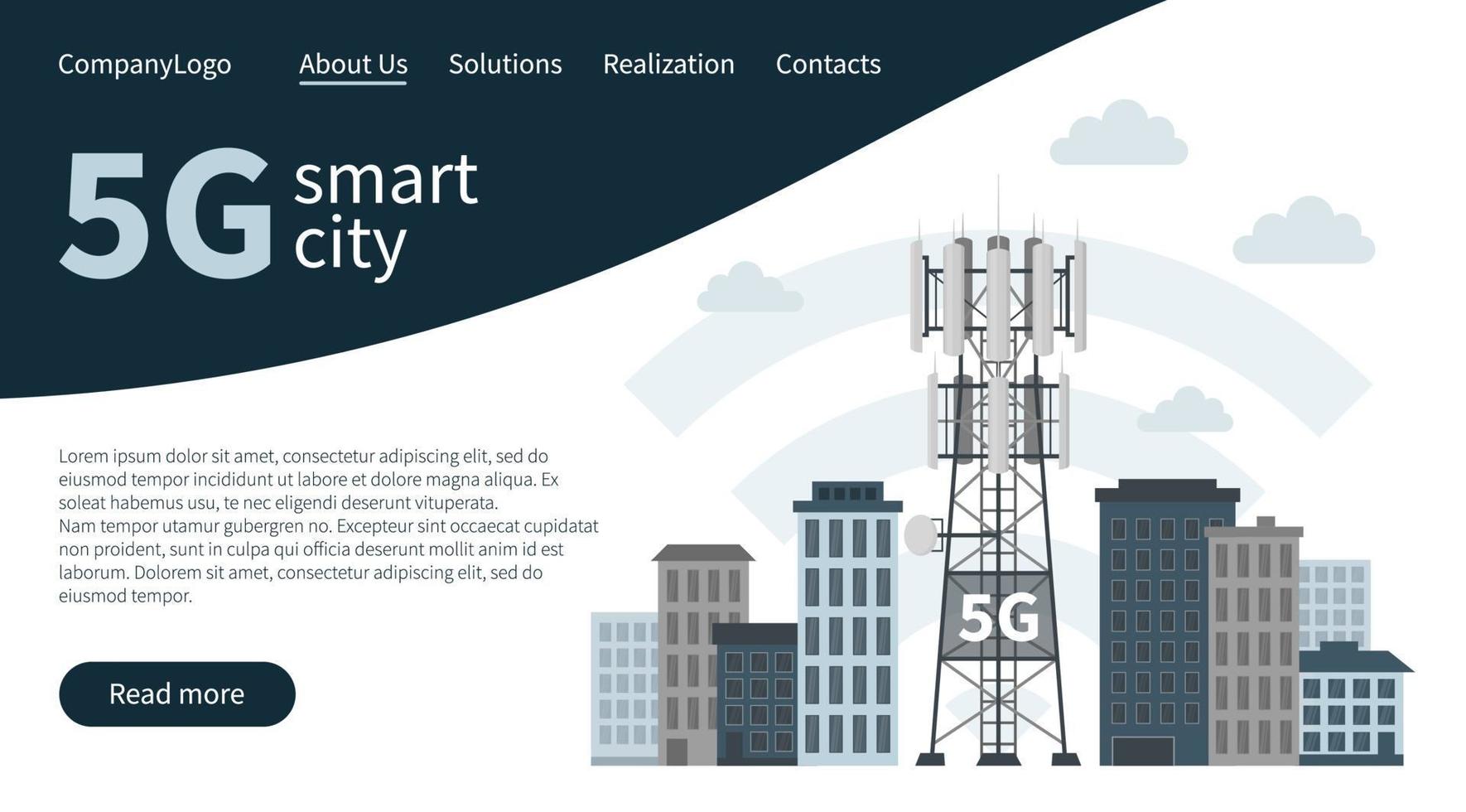 Station de base de mât 5g dans la page de destination de la ville intelligente. vecteur