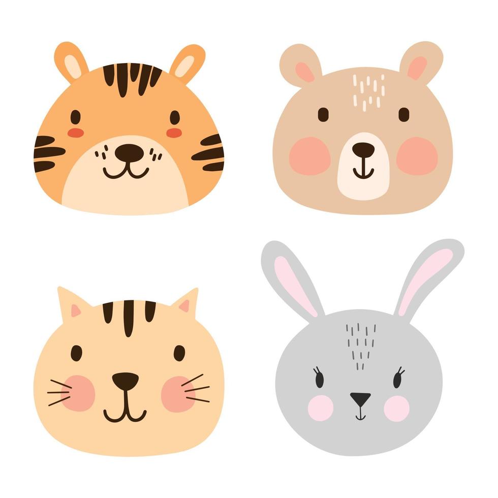 ensemble de visages d'animaux mignons. tigre doux, ours, chat, pack de portraits de lapin. vecteur