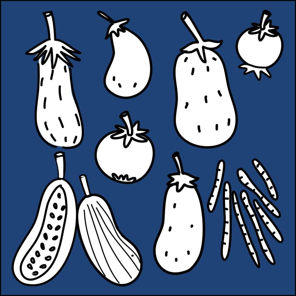 ensemble de vecteur de motif de dessin animé dessiné à la main de légumes noir et blanc