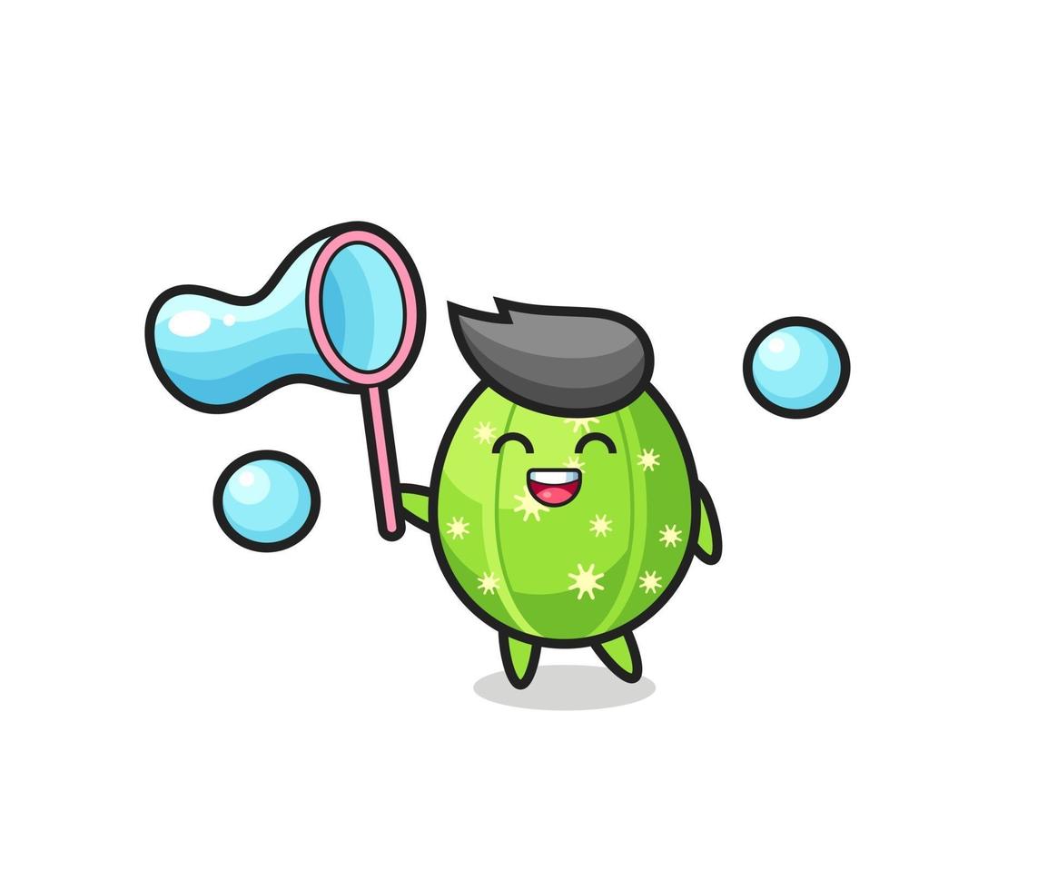 dessin animé heureux cactus jouant à la bulle de savon vecteur