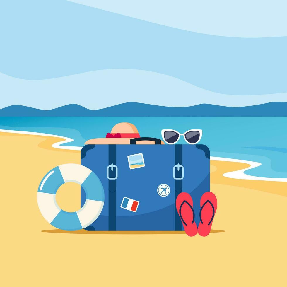 rétro Voyage valise sur tropical plage. plage chapeau, des lunettes de soleil, gonflable cercle, caoutchouc plage chaussons. Voyage concept. été vacances. vecteur illustration.