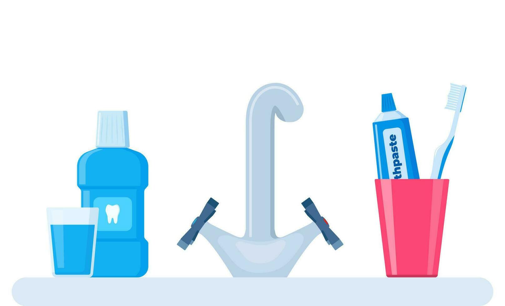 salle de bains évier avec dentifrice et brosse à dents, bain de bouche, verre de l'eau. dentaire nettoyage outils. oral se soucier et hygiène des produits. vecteur illustration.