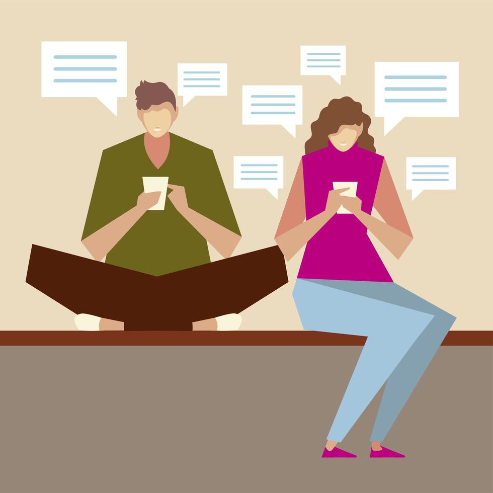 personnages homme et femme assis utilisant des smartphones, des personnes et des gadgets vecteur