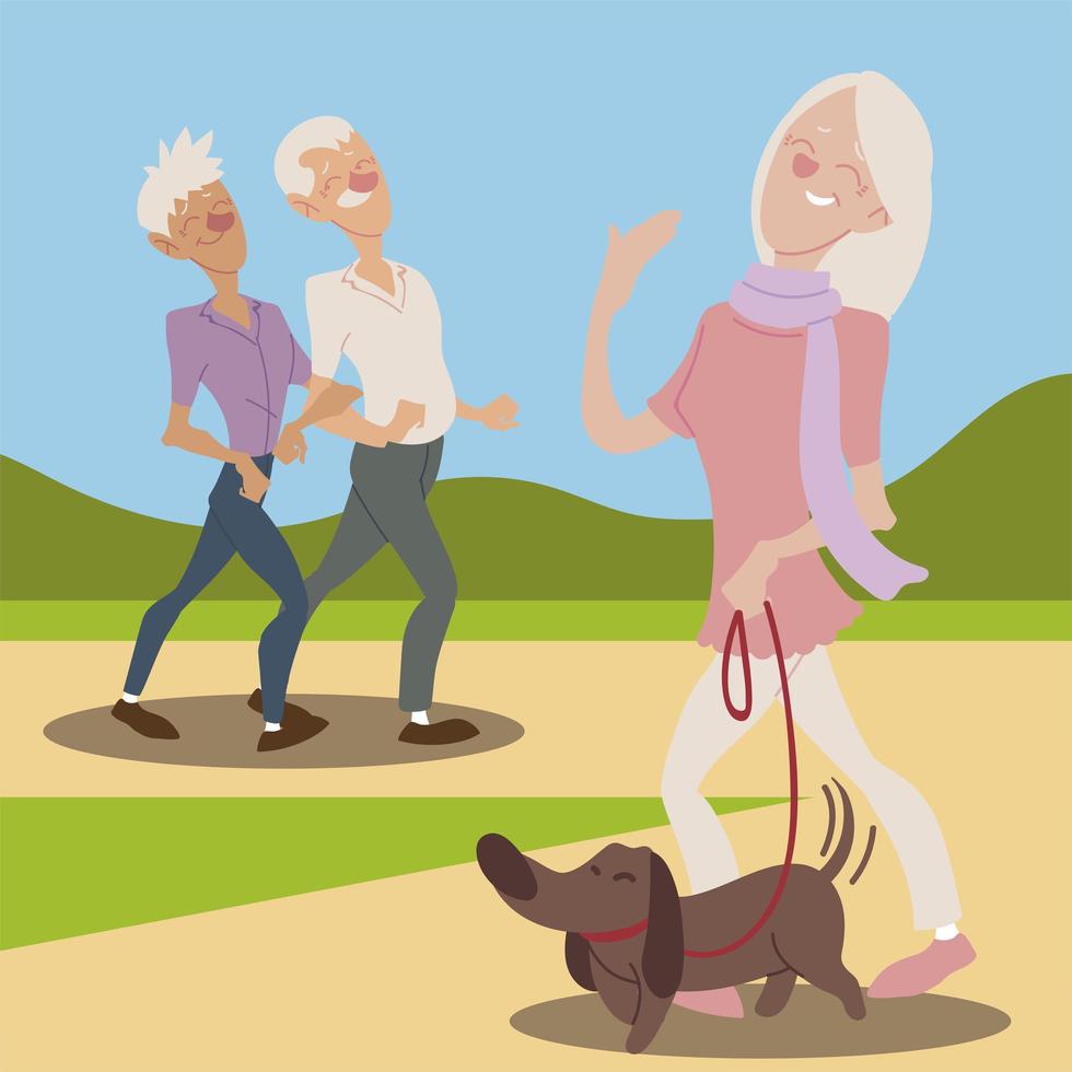 personnes âgées actives, heureuse vieille femme avec chien et couple de personnes âgées marchant vecteur