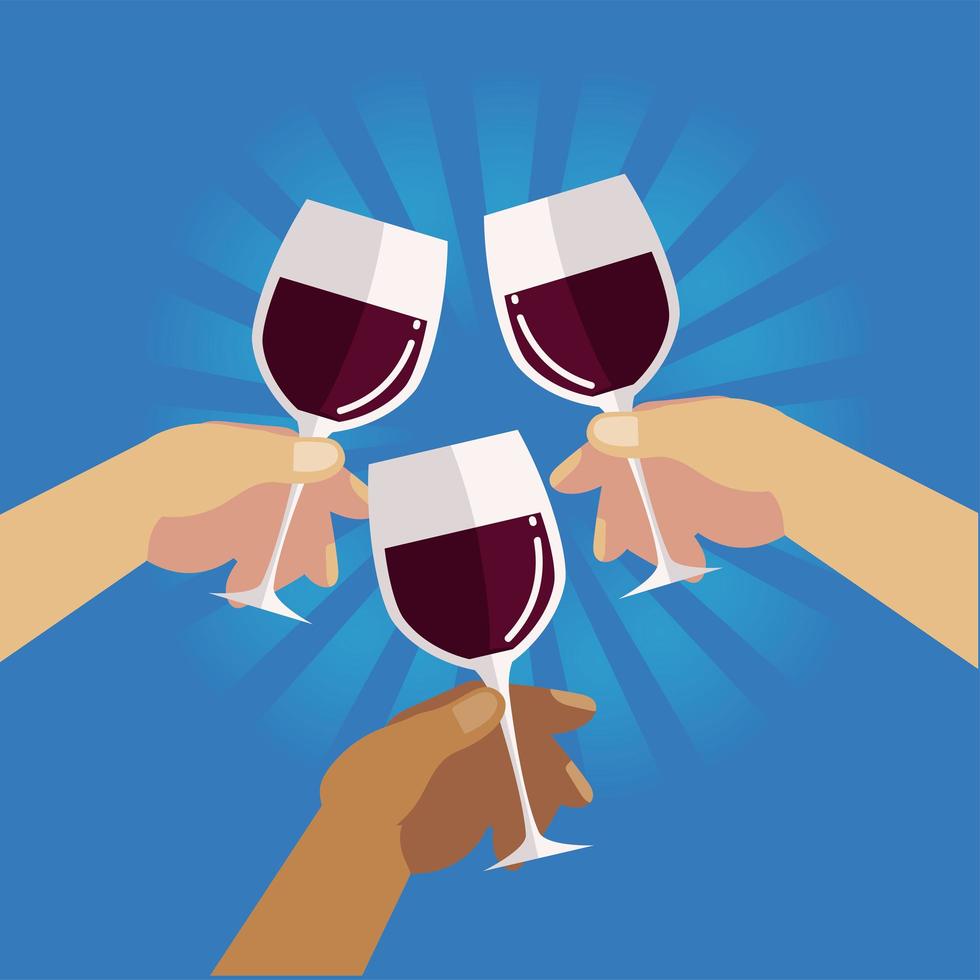 célébrer les mains avec des verres à vin célébration, acclamations vecteur