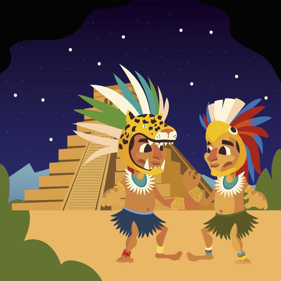 guerriers aztèques avec coiffe à plumes et scène de nuit pyramidale vecteur