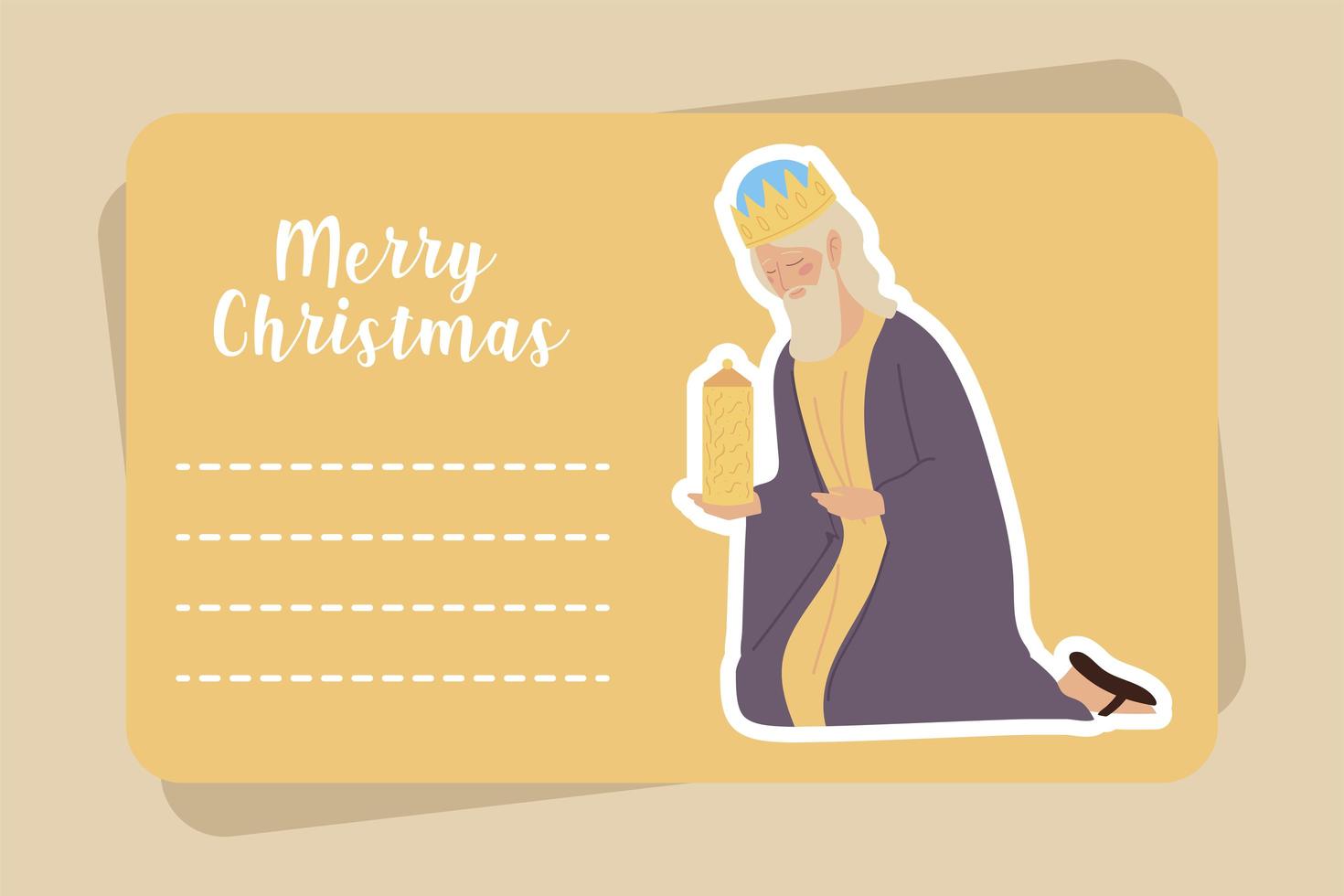 carte de voeux joyeux noël avec roi sage melchior et cadeau vecteur