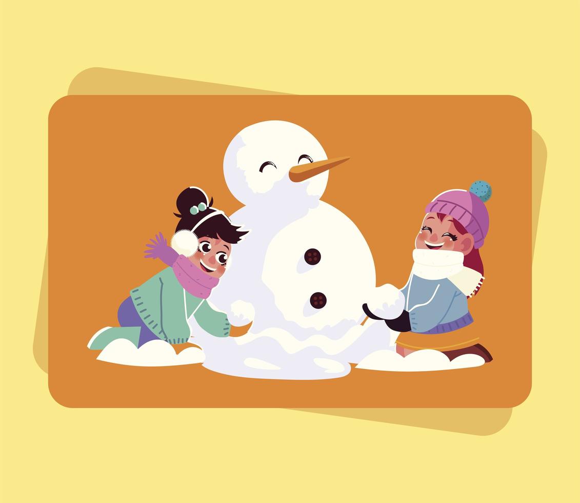filles souriantes faisant un bonhomme de neige jouant avec un dessin animé de boule de neige vecteur