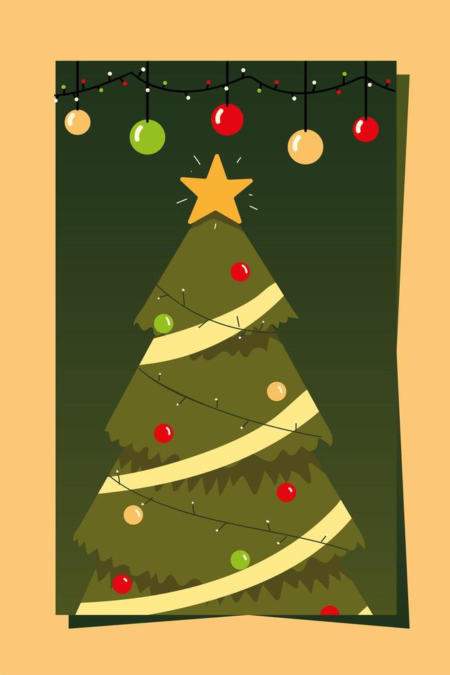 joyeux noël arbre de carte de voeux avec décoration étoile et boules vecteur