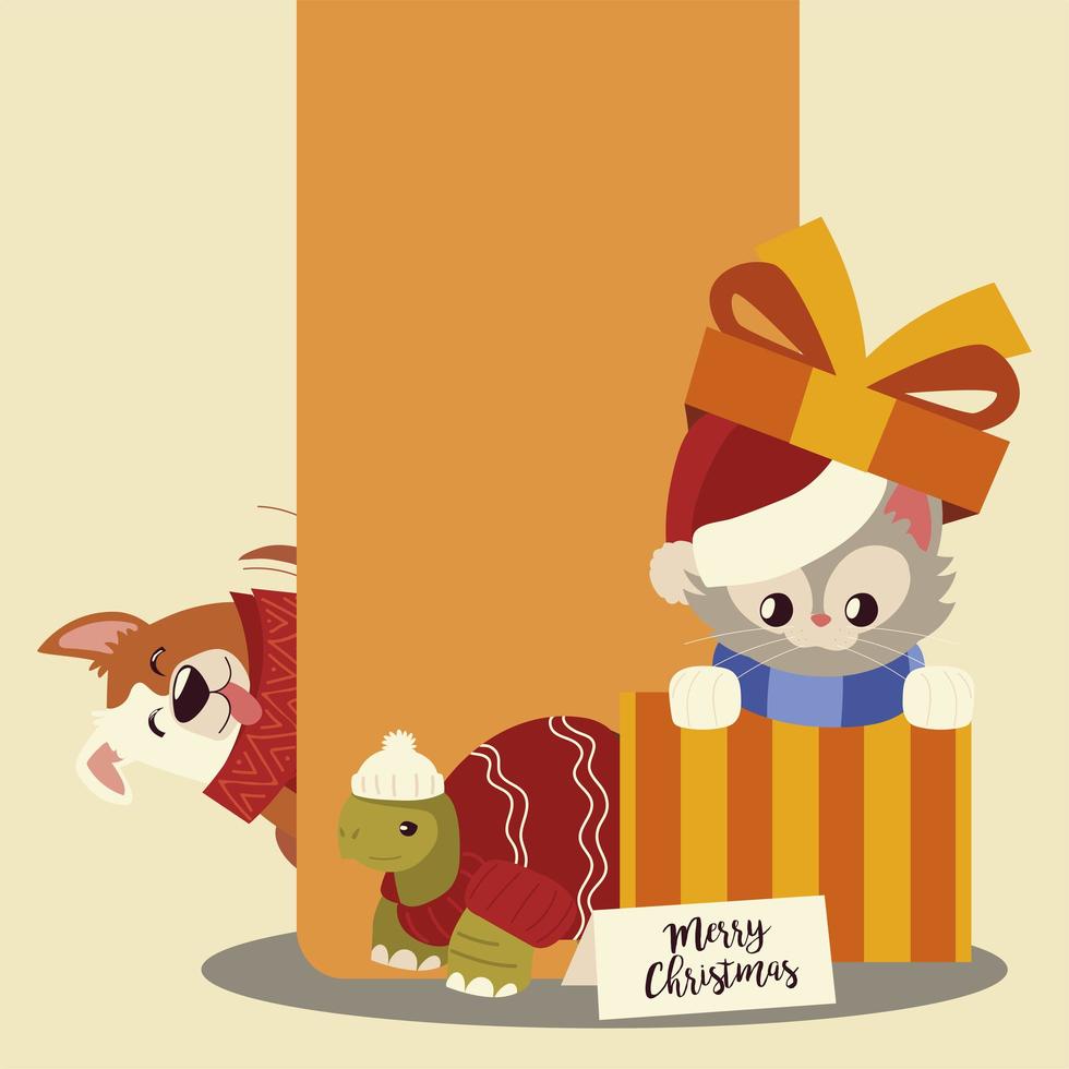 joyeux noël petit chat dans une boîte cadeau avec dessin animé tortue et chien vecteur