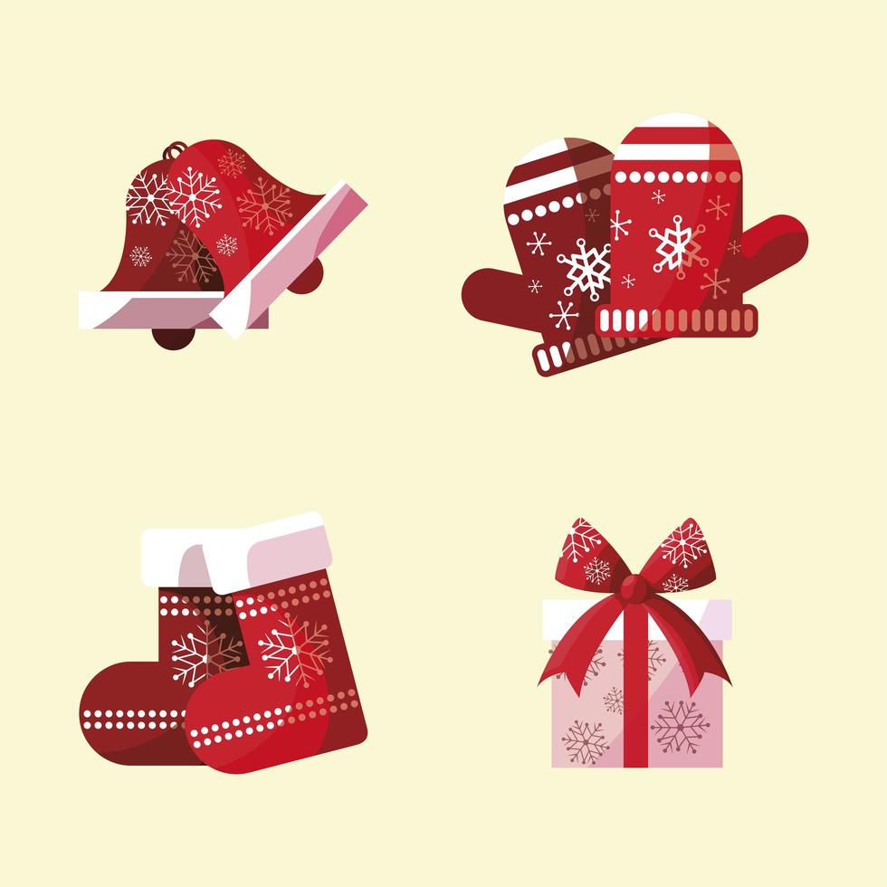 joyeux noël mitaines décoratives chaussettes cadeau et cloche avec des flocons de neige vecteur