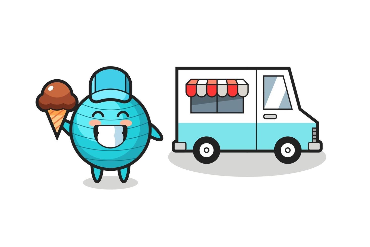 caricature de mascotte de ballon d'exercice avec camion de crème glacée vecteur