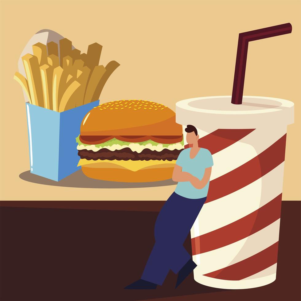 homme avec burger frites et soda à emporter, nourriture vecteur