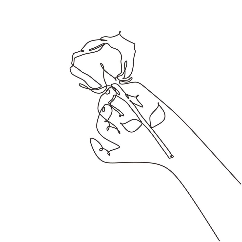 main donnant le minimalisme de la fleur de rose continu un seul dessin au trait vecteur