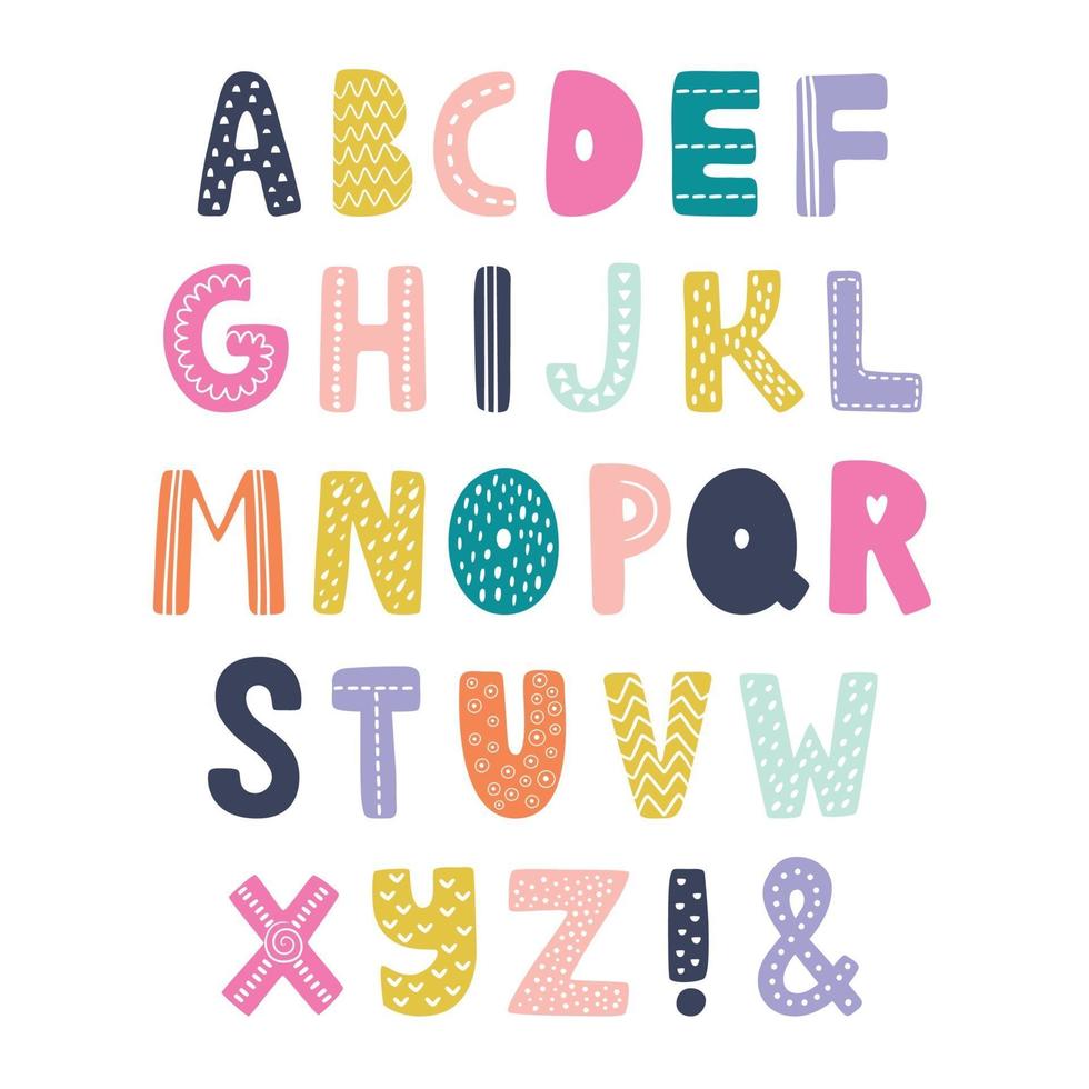 alphabet vectoriel scandinave pour les enfants. police graphique dessinée à la main.