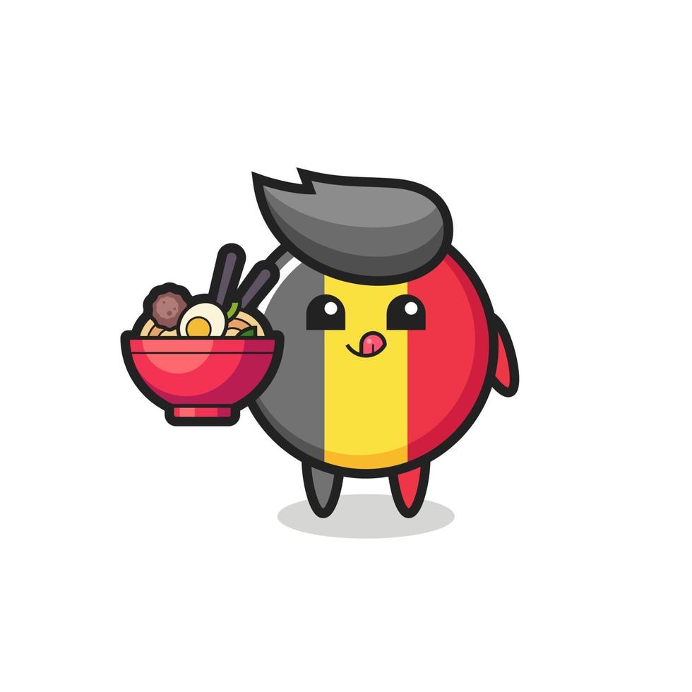 personnage mignon d'insigne de drapeau belge mangeant des nouilles vecteur
