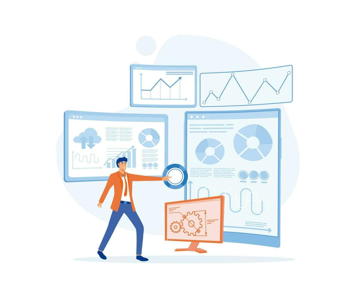 Les données scientifique, à la recherche et interagir avec virtuel tableau de bord à analyser données, plat vecteur moderne illustration