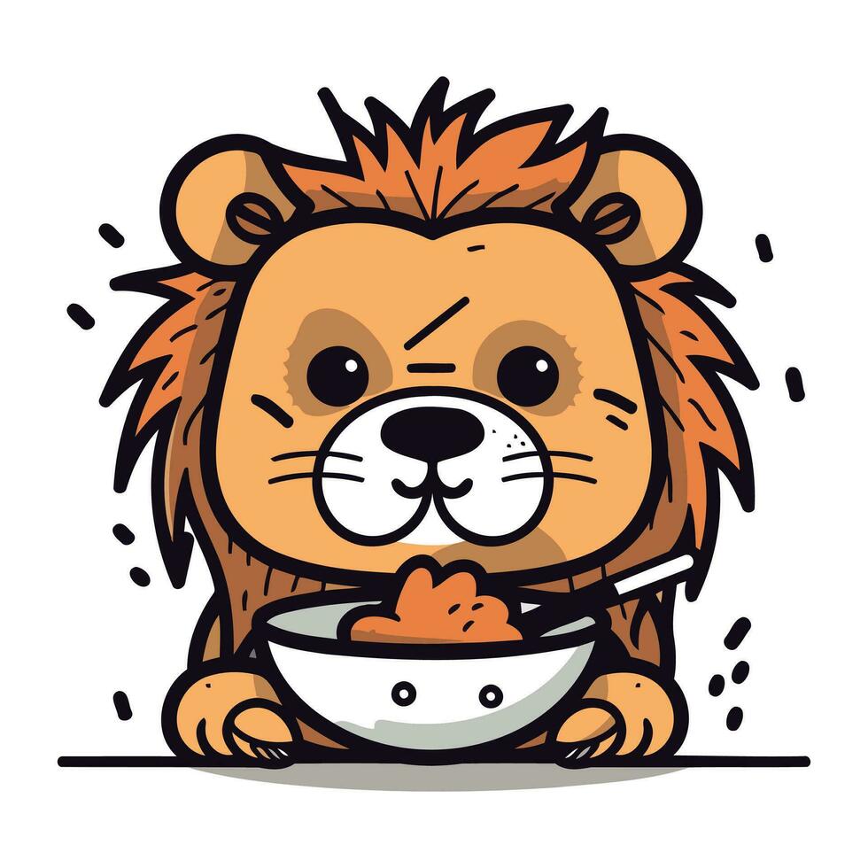 mignonne dessin animé Lion avec une bol de aliments. vecteur illustration.