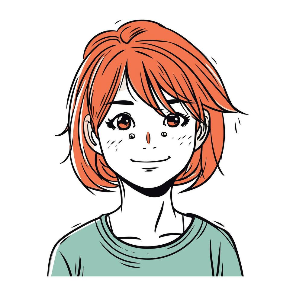 portrait de une rouge aux cheveux fille avec court cheveux. vecteur illustration.