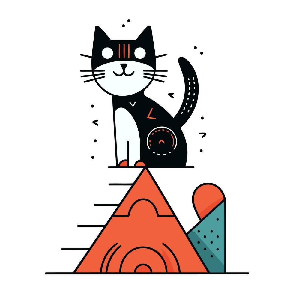 mignonne noir chat sur le Haut de le pyramide. vecteur illustration.