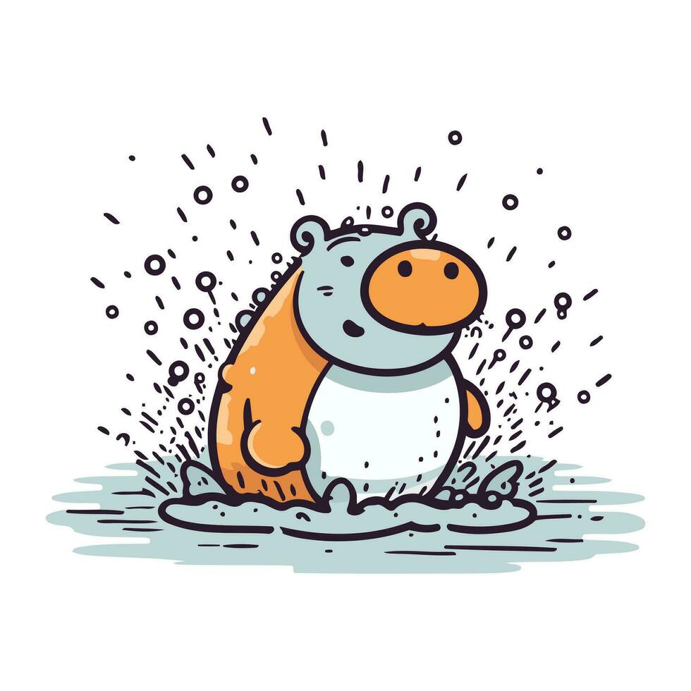 mignonne dessin animé hippopotame dans le pluie. vecteur illustration.