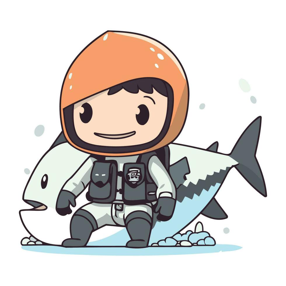 illustration de une garçon dans un astronaute costume avec une requin. vecteur