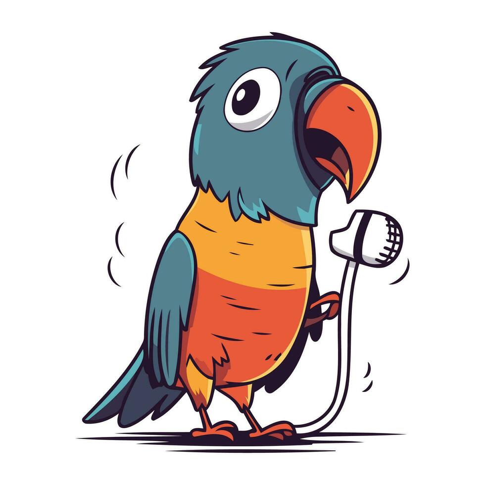 mignonne dessin animé perroquet en chantant avec une microphone. vecteur illustration.