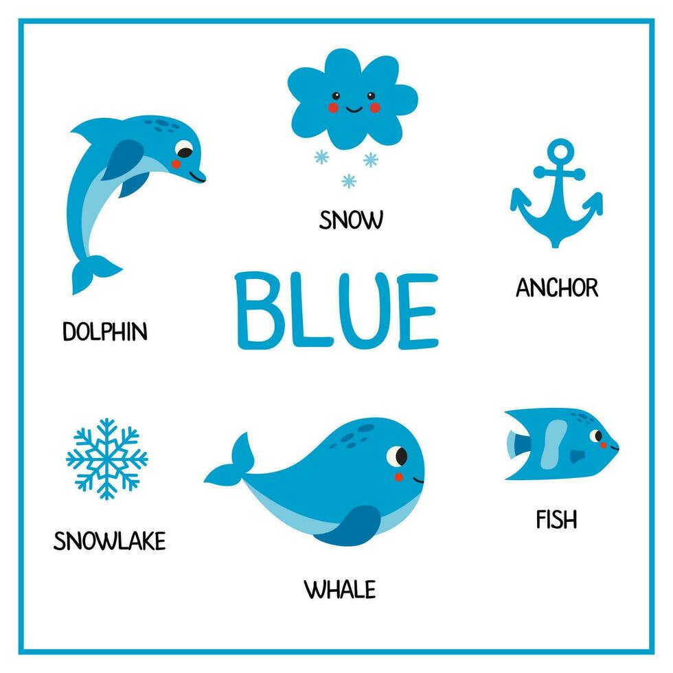 apprentissage couleurs feuille de travail pour enfants. bleu Couleur flashcard. vecteur