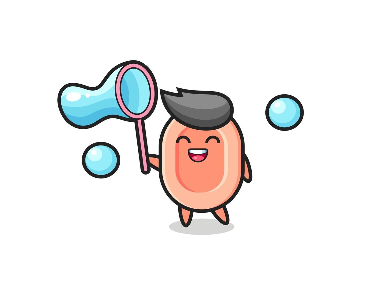 dessin animé de savon heureux jouant à la bulle de savon vecteur