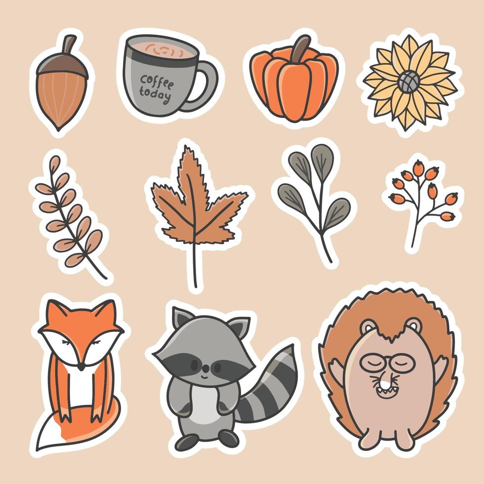 ensemble d'autocollants d'illustration d'animaux et de feuilles d'élément d'automne vecteur