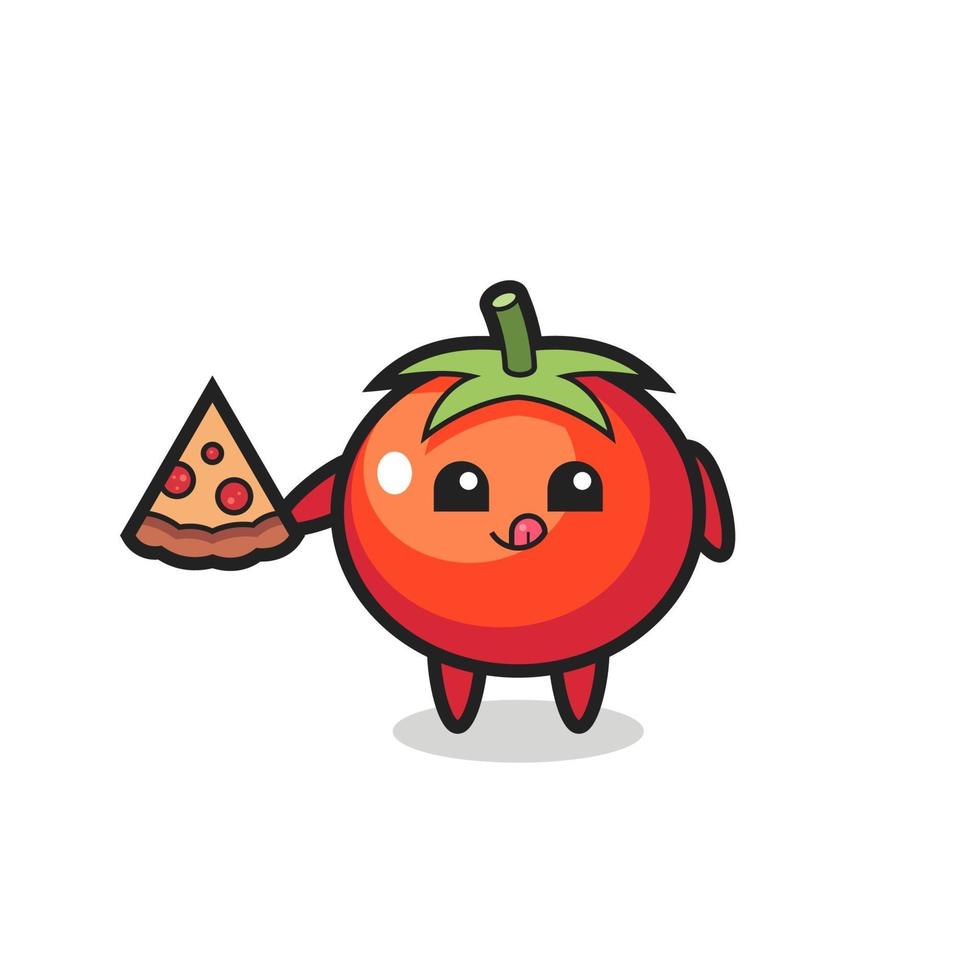 dessin animé de tomates mignonnes mangeant de la pizza vecteur