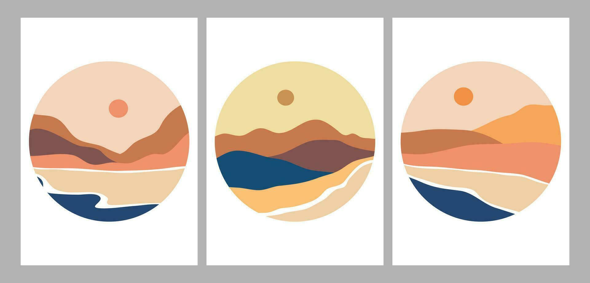 ensemble de rond montagnes logo. rond logo pour autocollants, affiche logos, carte. minimaliste style paysage des illustrations de milieu siècle moderne art avec rivière, collines, vague vecteur