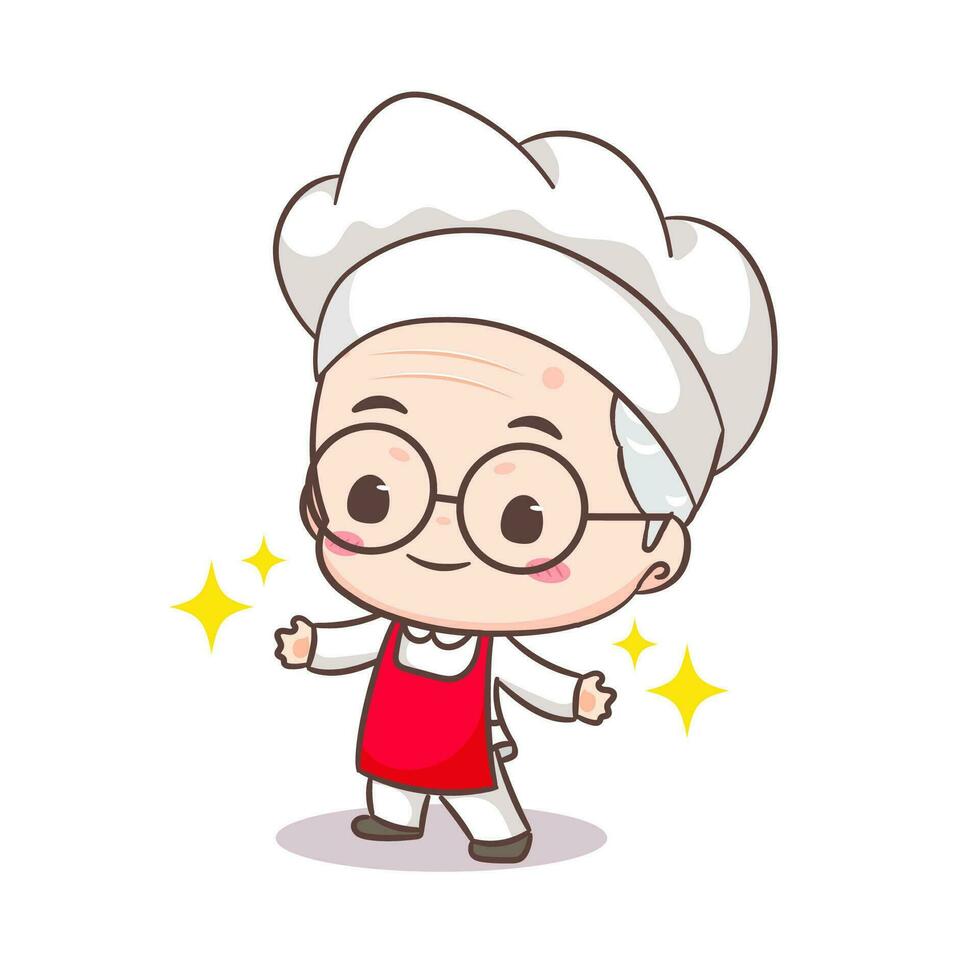 mignonne grand-père chef dessin animé. grand-père cuisine logo vecteur art. gens nourriture icône concept. restaurant et fait maison culinaire logo