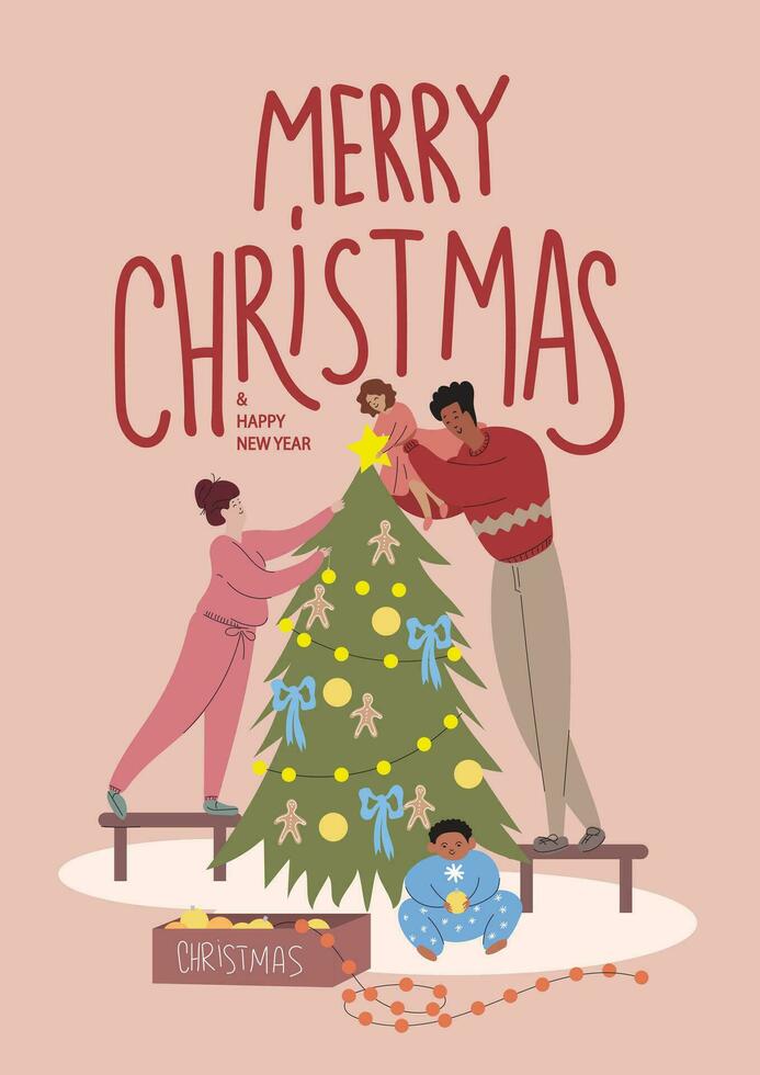 joyeux Noël affiche avec illustration avec un interracial famille décorer le Noël arbre. maman, papa, fils et fille sont en train de préparer pour Noël. peu fille en mettant une étoile sur Noël arbre vecteur