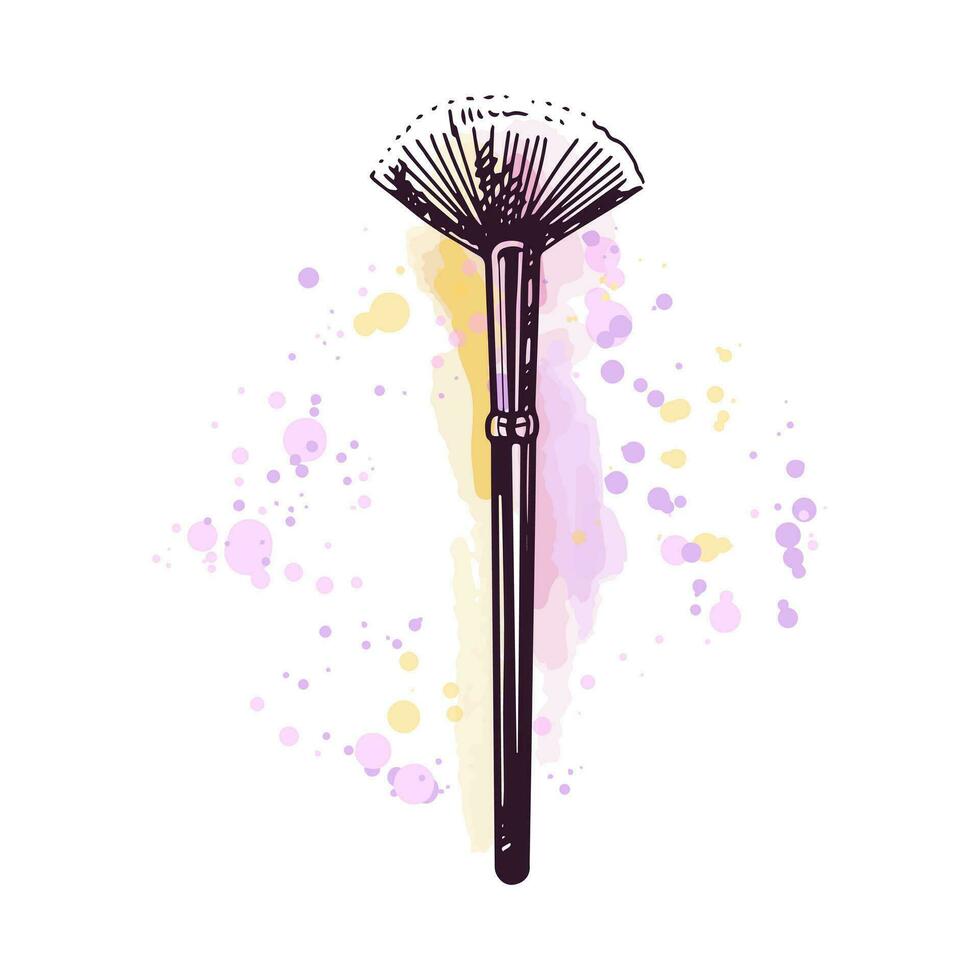 dessiné à la main cosmétique brosse, beauté cosmétique élément, soi se soucier. illustration sur une aquarelle pastel Contexte avec éclaboussures de peindre. utile pour beauté salon, cosmétique magasin, se maquiller. griffonnage esquisser. vecteur