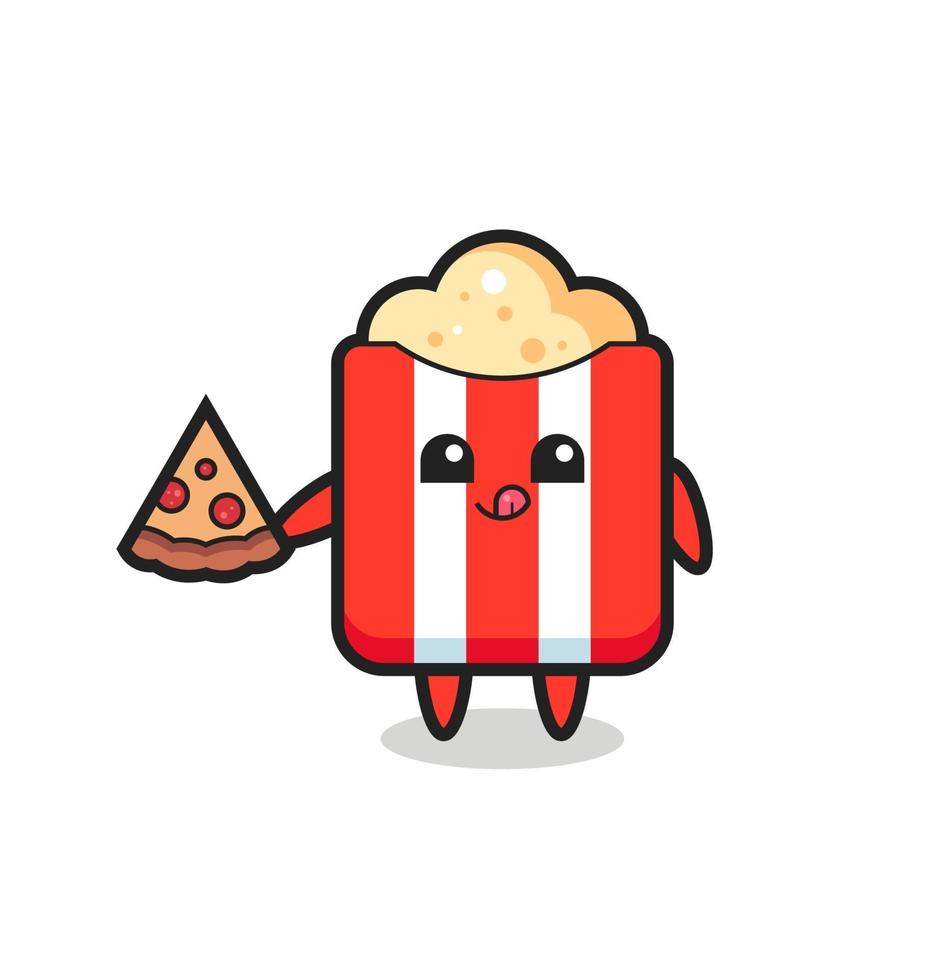 dessin animé mignon de pop-corn mangeant de la pizza vecteur