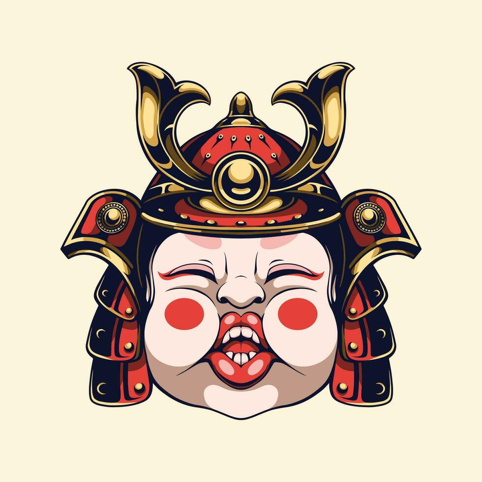 dessin animé samouraï casque avec rouge visage vecteur