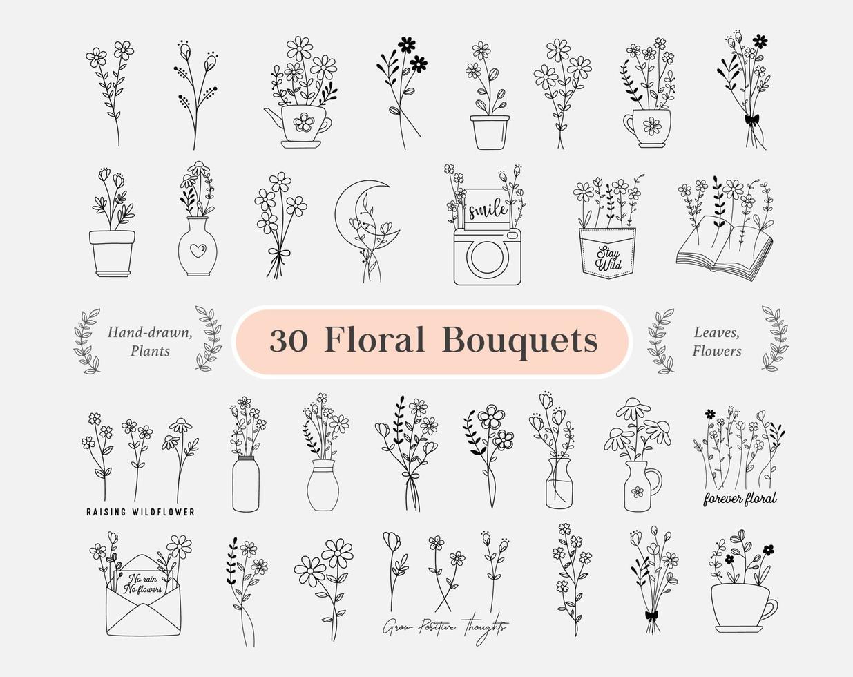 Lot de 30 bouquets de fleurs. fleurs dessinées à la main, minimaliste, fleurs sauvages vecteur