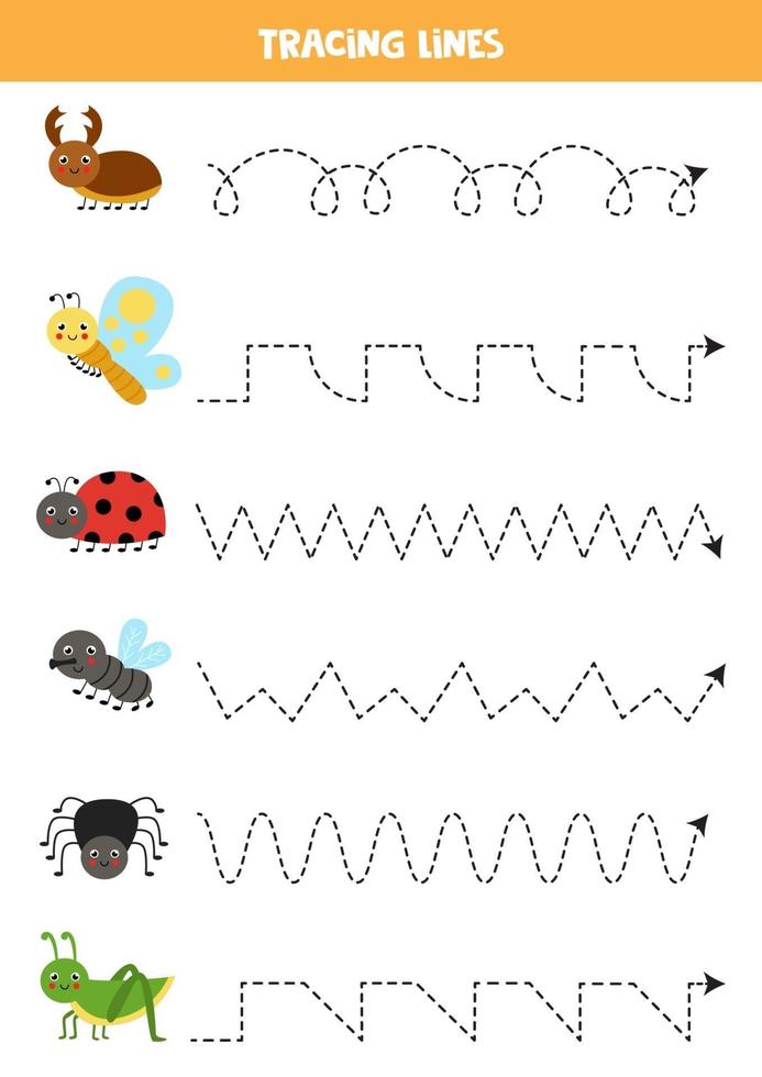 tracer des lignes avec des insectes mignons. pratique de l'écriture. vecteur