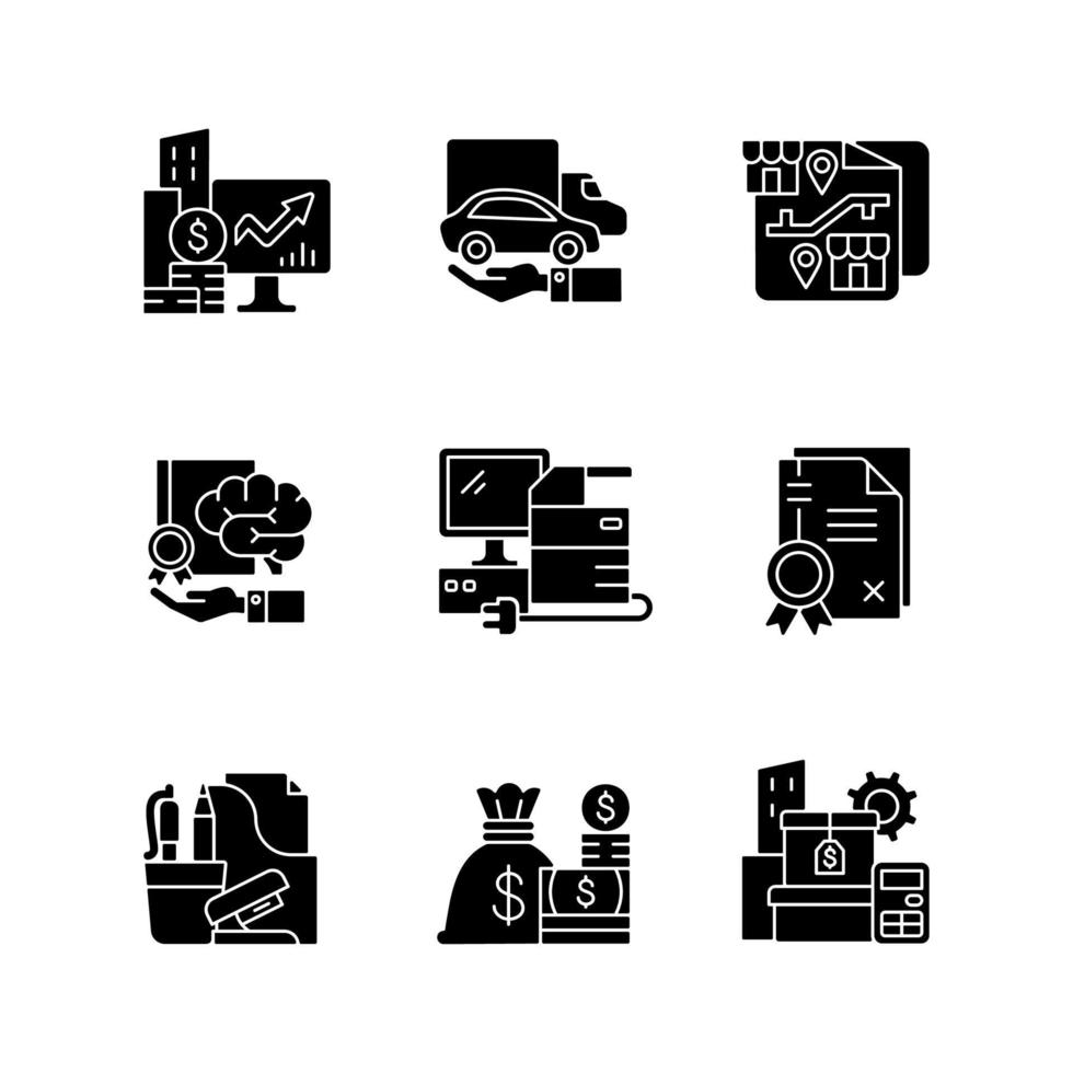 fournitures de bureau et équipement icônes de glyphe noir sur un espace blanc vecteur