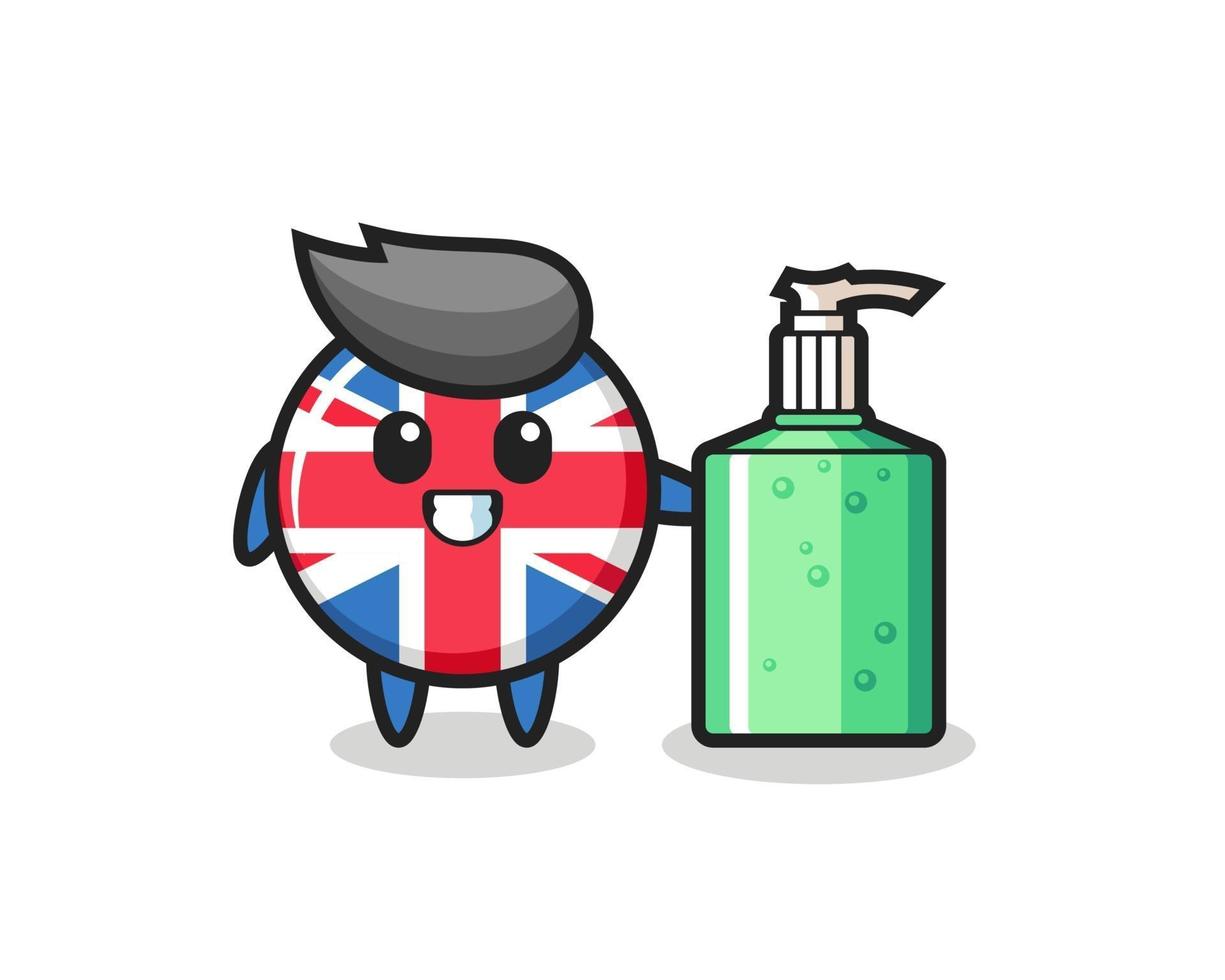 dessin animé mignon d'insigne de drapeau du royaume-uni avec un désinfectant pour les mains vecteur