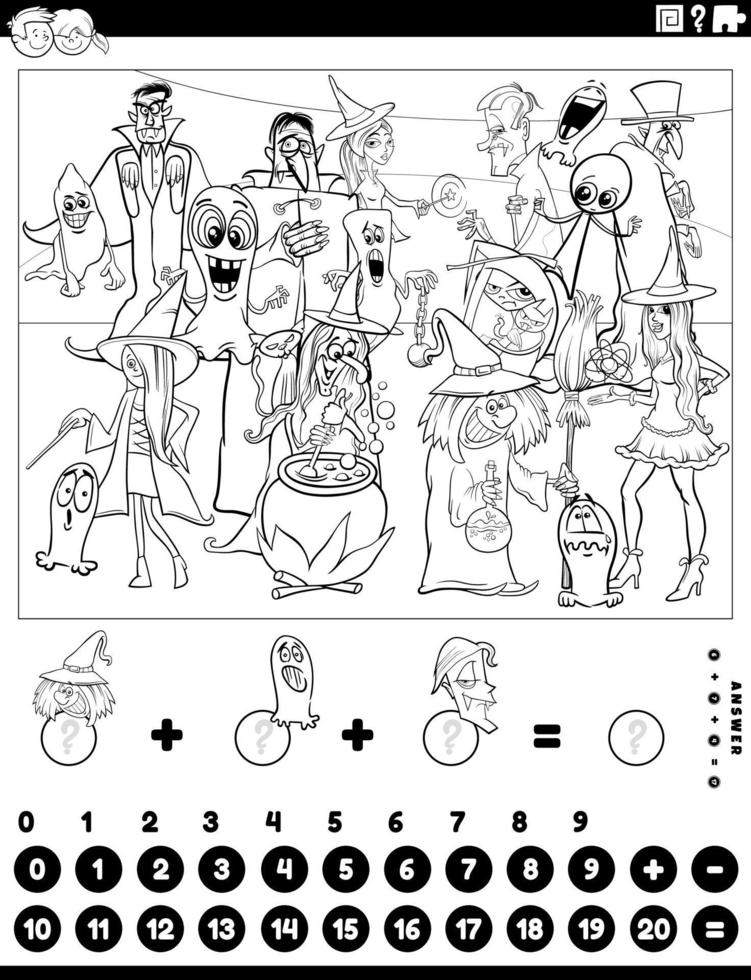 compter et ajouter une tâche avec la page du livre de couleurs des personnages d'halloween vecteur