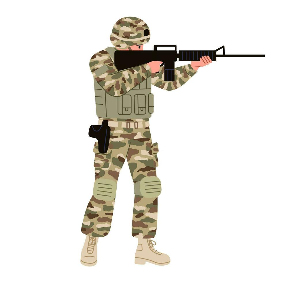 soldat, militaire homme, portant des lunettes de soleil tournage de le fusil isolé. appel en haut à armé forcé. de côté position. plat vecteur illustration.