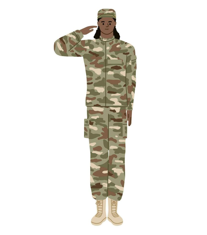 femelle soldat saluant. femme dans le armée. infanterie. appel en haut à armé les forces. bénévole. plat vecteur illustration.