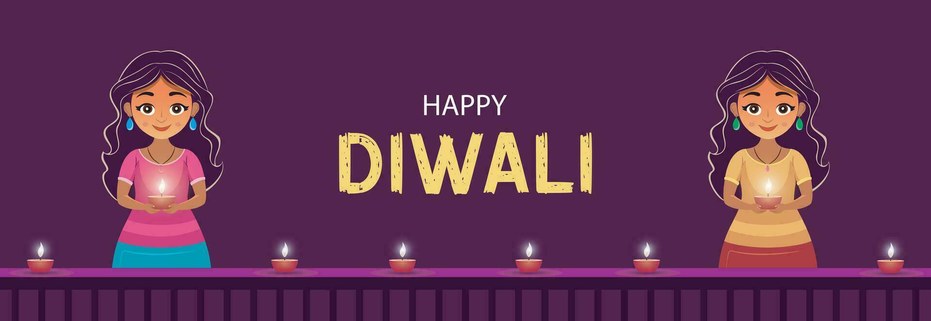 content diwali texte affiche avec mignonne Indien les filles en portant pétrole lampe célébrer deepavali festival, horizontal diya deepawali vœux bannière vecteur