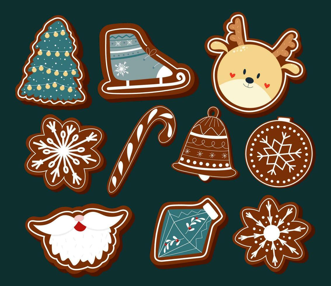 ensemble de main tiré pain d'épice biscuits. flocons de neige, mignonne cerf, Père Noël barbe, patin, bonbons canne vecteur conception.