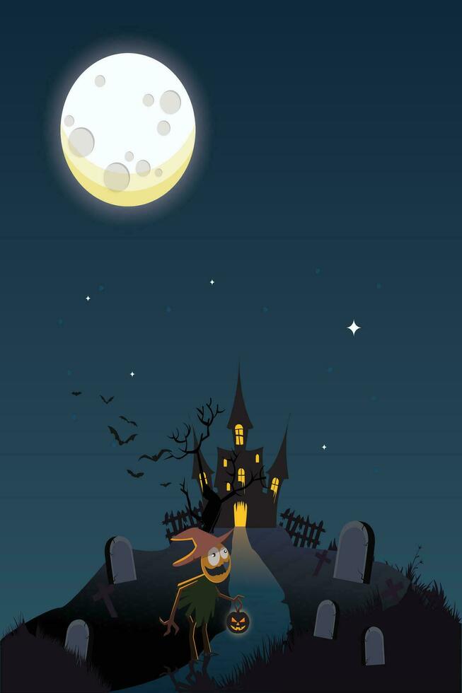 Halloween nuit, mystérieux la personne porter une lanterne, foncé atmosphère, hanté loger, clair de lune, collines vecteur illustration. effrayant nuit